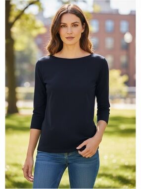 Talbots 3/4 Sleeve Boat Neck Navy Pima Cotton Top Size M